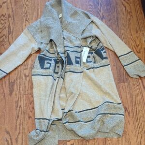 Beige Knit Shawl Collar Cardigan with Navy Accent